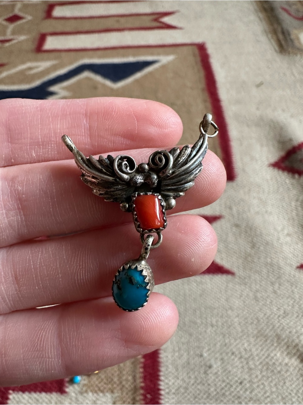 Vintage Native American Turquoise Coral Sterling Earrings And Pendant - Picture 10 of 10